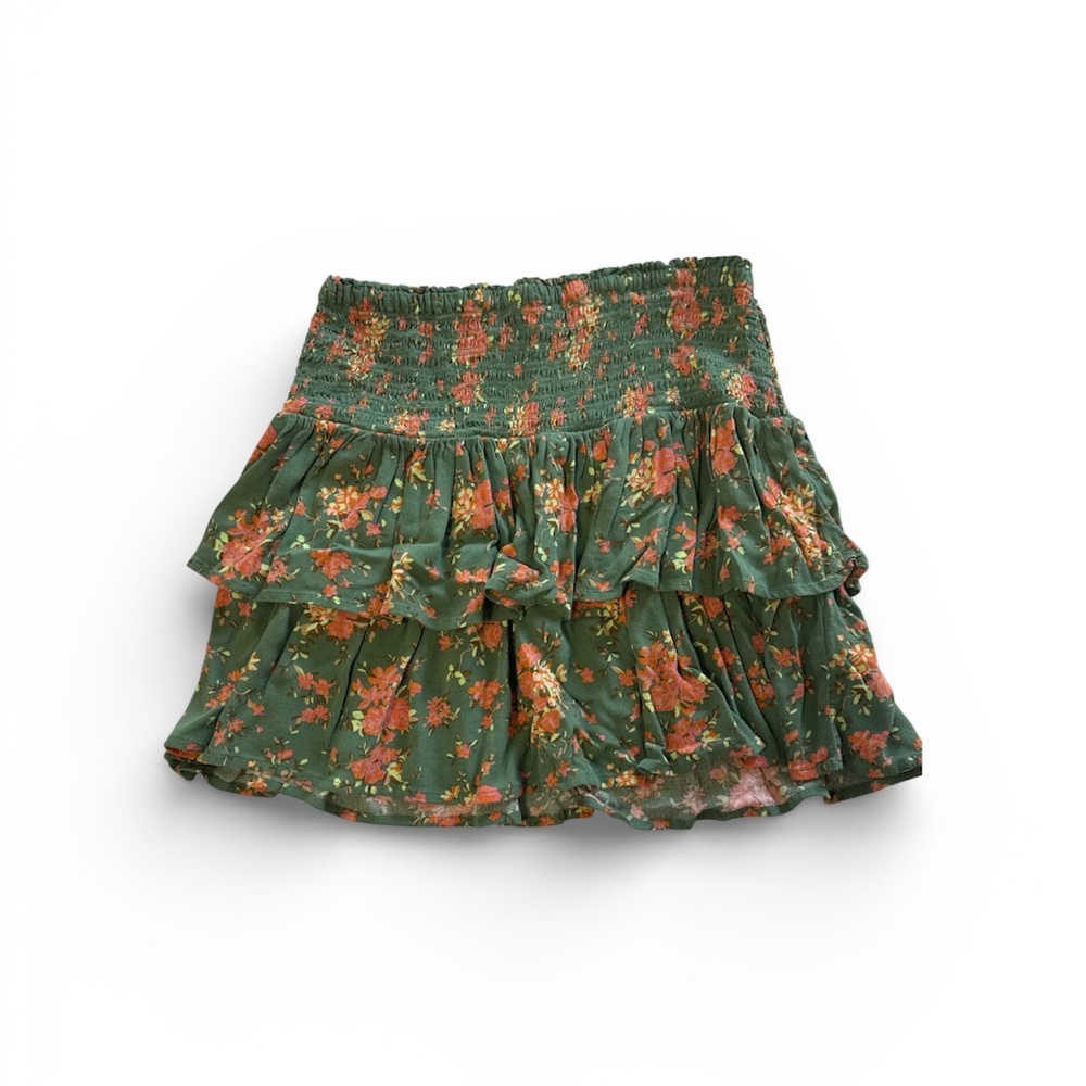 aerie Floral Smocked Ruffle Mini Skirt – Green with Pink/Orange Flowers, Size M